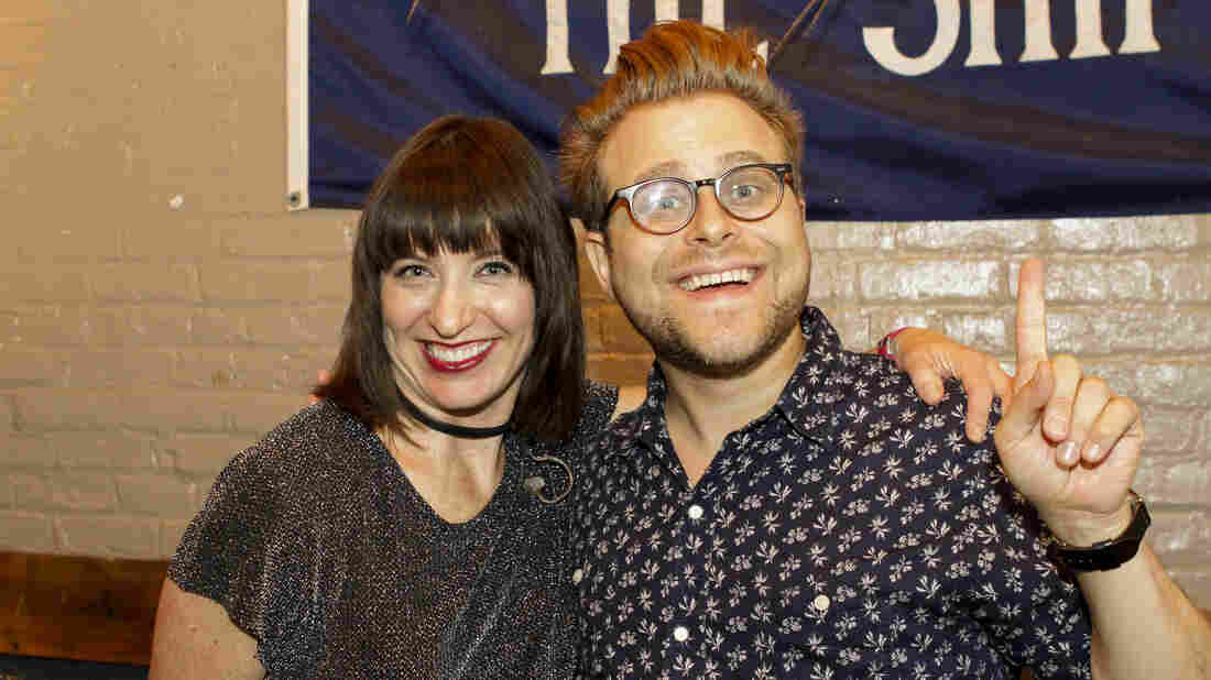 Adam Conover with host Ophira Eisenberg on Ask Me Another.